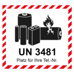 Aufkleber Lithium Batterie mit UN-Nummer UN 3481 und Eindruck Telefonnummer