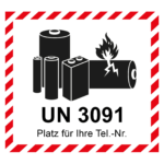 Aufkleber Lithium Batterie mit UN Nummer UN 3091 und Eindruck Telefonnummer