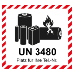 Aufkleber Lithium Batterie mit UN Nummer UN 3480 und Eindruck Telefonnummer