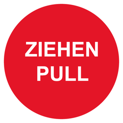 Tretikett rot "Ziehen / Pull" deutsch/englisch Folie selbstklebend