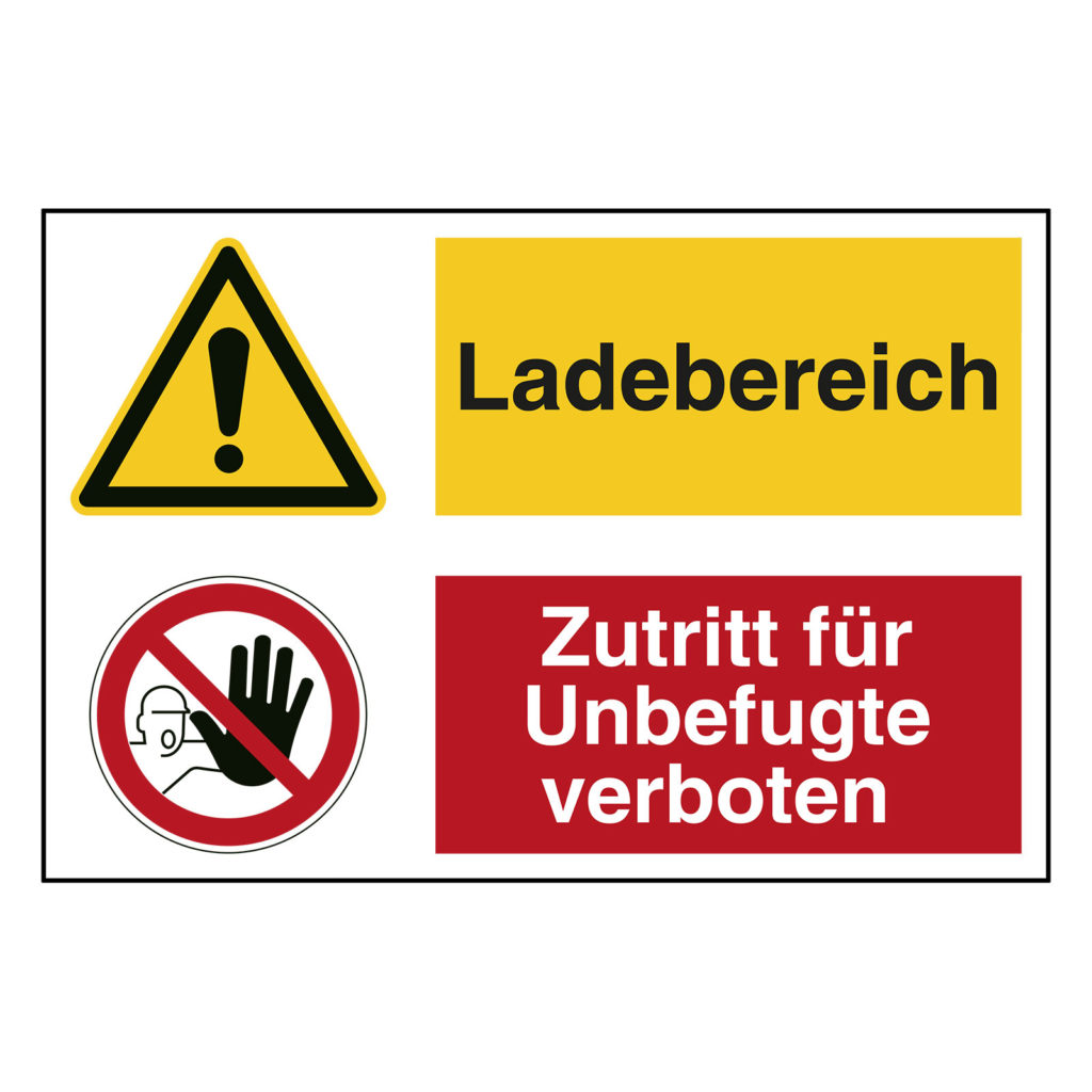 Hinweisaufkleber Ladezone "Ladebereich / Zutritt für Unbefugte verboten" mit Symbolen nach ASR A1.3, DIN EN ISO 7010