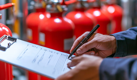 Prüfung eines Feuerlöschers und ausfüllen eines entsprechenden Protokolls