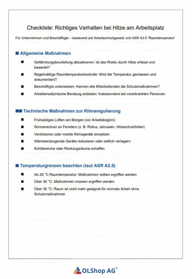 Checkliste Arbeitsschutz Temperaturen