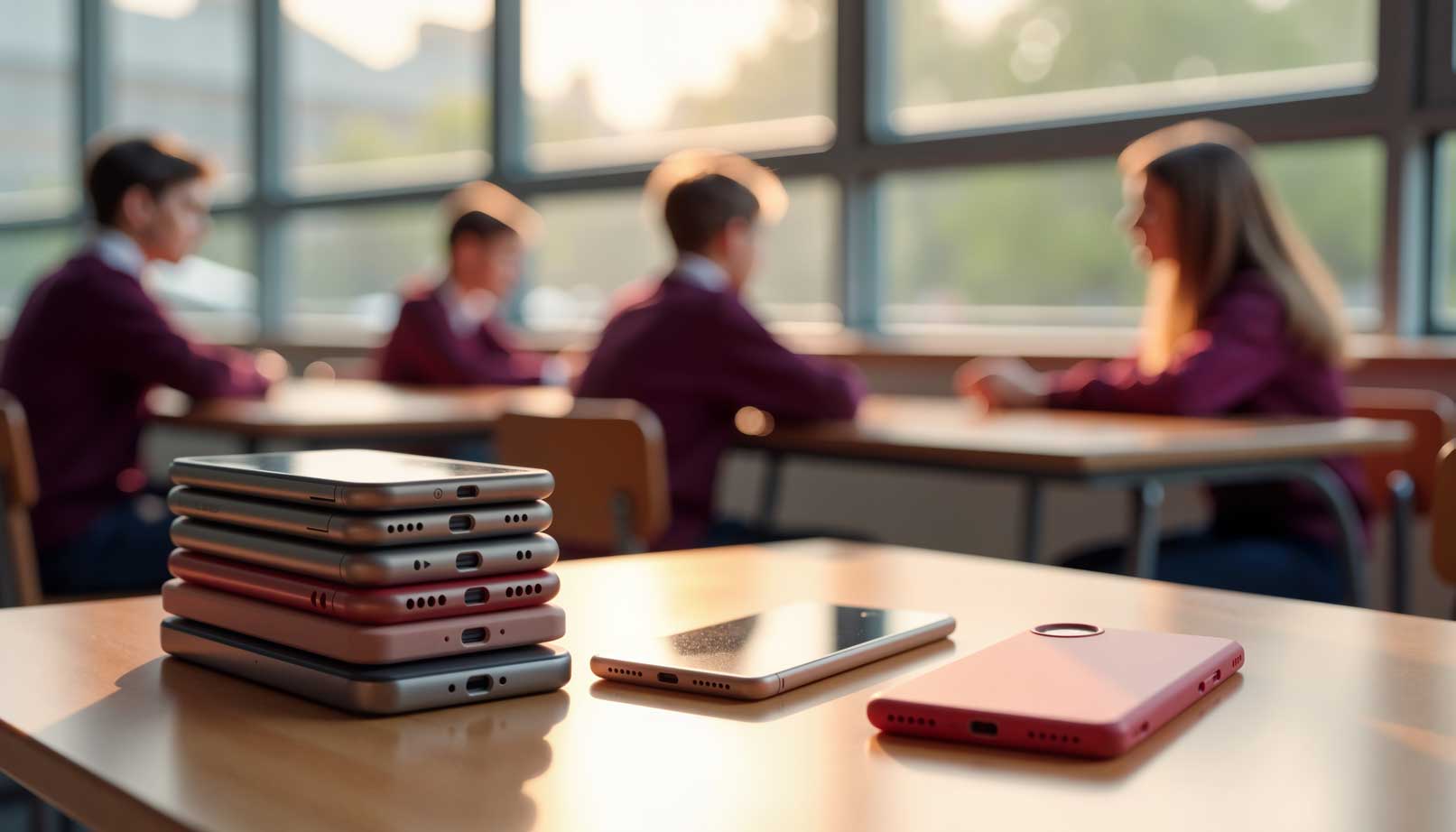 Handys auf einer Schulbank