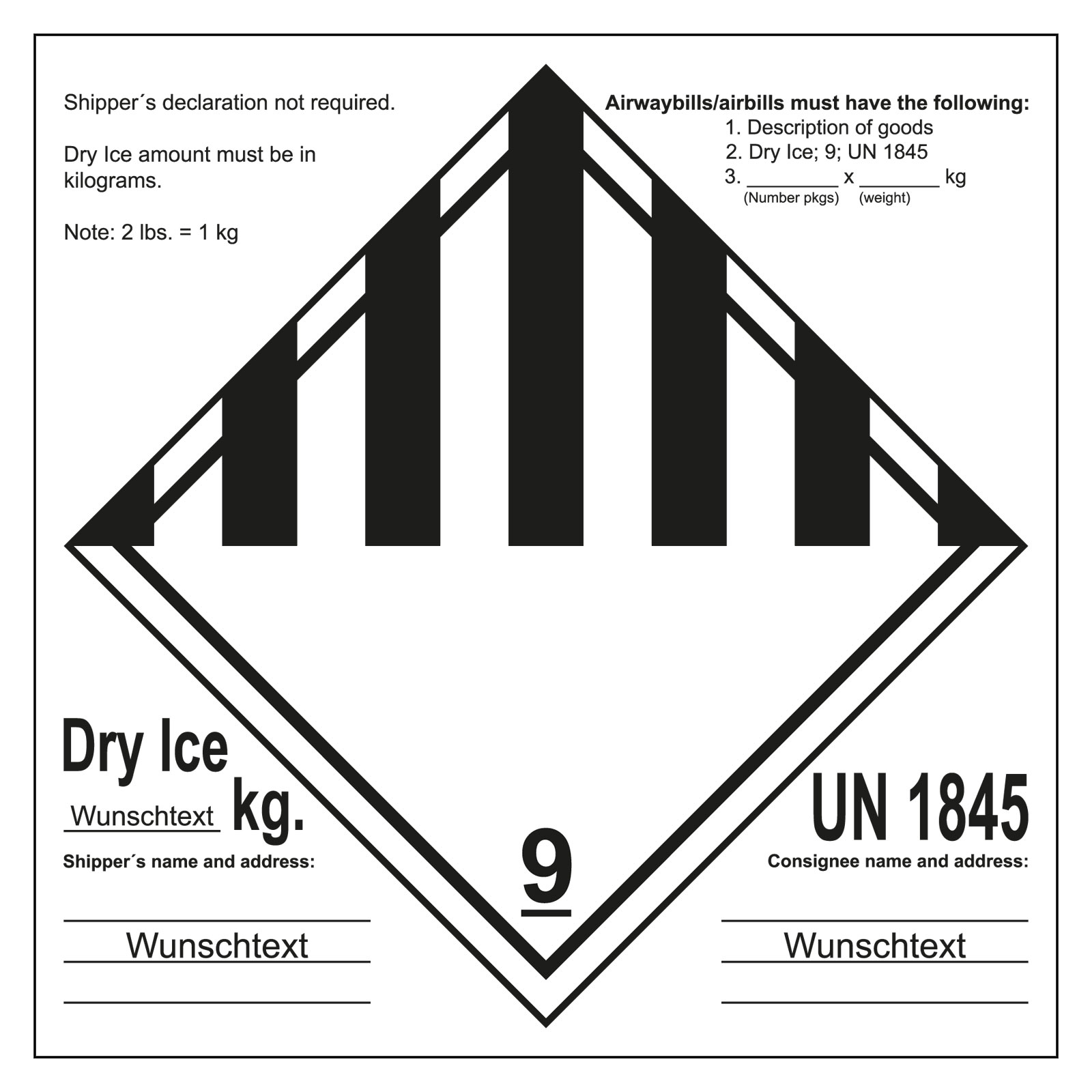 Gefahrzettel Gefahrgutaufkleber Klasse 9 Verschiedene gef�hrliche Stoffe und Gegenst�nde mit UN 1845 Dry Ice Shipper's Declaration mit Eindruck