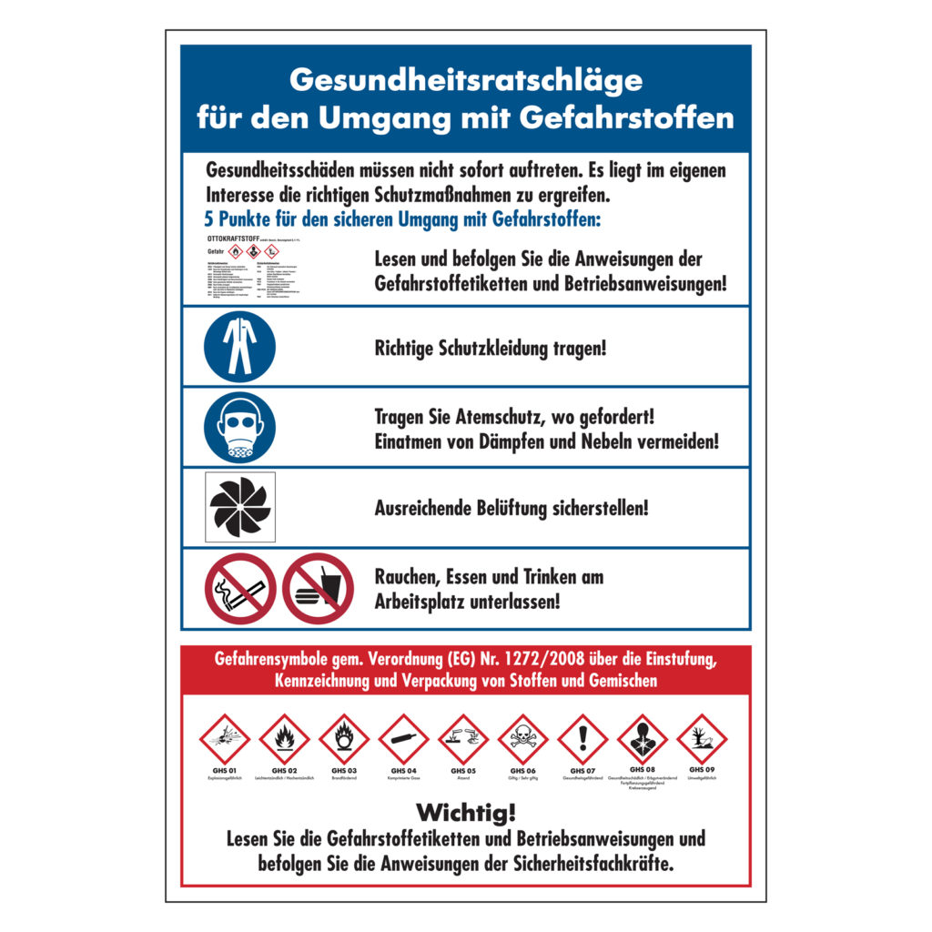 Schild mit Gesundheitsratschl�gen f�r den Umgang mit Gefahrstoffen nach GHS
