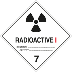 Gefahrzettel Placards Klasse 7A Radioaktive Stoffe Strahlensymbol Schwarz mit Zusatztext RADIOACTIVE I Folie 250 x 250 mm Einzeletikett