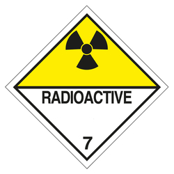 Gefahrzettel, Gefahrgutaufkleber Klasse 7D Radioaktive Stoffe, Strahlensymbol Schwarz mit Zusatztext RADIOACTIVE, in verschiedenen Größen und Materialien