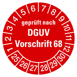 Prüfplaketten rot Ø 30 mm "geprüft nach DGUV Vorschrift 68" 10 Stück/Bogen