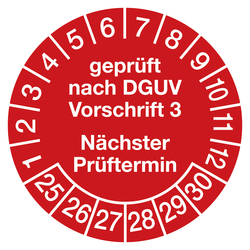 Prüfplaketten rot Ø 30 mm "geprüft nach DGUV Vorschrift 3 Nächster Prüftermin" 10 Stück/Bogen