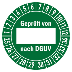 Prüfplaketten grün Ø 30 mm "Geprüft von ... nach DGUV" 10 Stück/Bogen