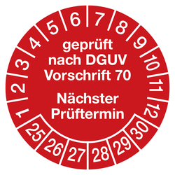 Prüfplaketten rot Ø 30 mm "geprüft nach DGUV Vorschrift 70 Nächster Prüftermin" aus PVC-Folie 10 Stück/Bogen