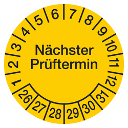 Pr&uuml;fplakette N&auml;chster Pr&uuml;ftermin Gelb &Oslash; 60 mm