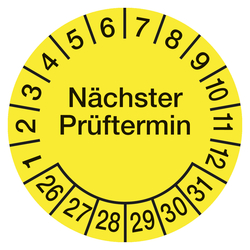 Pr&uuml;fplaketten gelb &Oslash; 15 mm "N&auml;chster Pr&uuml;ftermin" 2026 - 2031 aus PVC-Folie 10 St&uuml;ck/Bogen