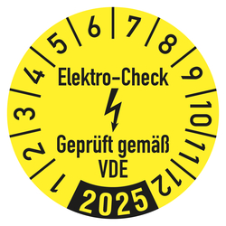 Jahresprüfplaketten gelb Ø 30 mm "Elektro-Check Geprüft gemäß VDE" aus PVC-Folie 10 Stück/Bogen