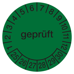 Prüfplaketten grün Ø 30 mm "geprüft" aus PVC-Folie 10 Stück/Bogen
