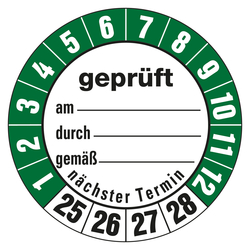 Prüfplaketten weiß Ø 35 mm "geprüft am, durch, gemäß, ... " aus PVC-Folie 10 Stück/Bogen