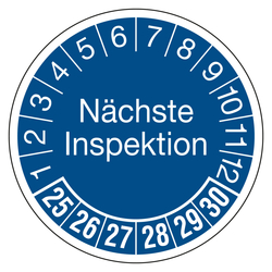 Prüfplaketten blau Ø 30 mm "Nächste Inspektion" aus PVC-Folie 10 Stück/Bogen