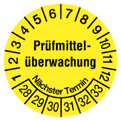 Prüfplaketten gelb Ø 20 mm "Prüfmittelüberwachung Nächster Termin" 2028 - 2033 aus PVC-Folie 10 Stück/Bogen