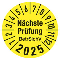Jahresprüfplaketten gelb Ø 30 mm "Nächste Prüfung BetrSichV" aus PVC-Folie 10 Stück/Bogen