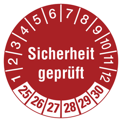 Prüfplaketten rot Ø 30 mm "Sicherheit geprüft" aus PVC-Folie 10 Stück/Bogen