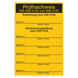 Grundplakette Pr&uuml;fnachweis DIN VDE 0100 und VDE 0105 Gelb Folie 80 x 120 mm Einzeletikett