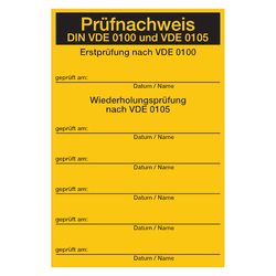 Prüfnachweis DIN VDE 0100 und VDE 0105 gelb, Folie 80 x 120 mm