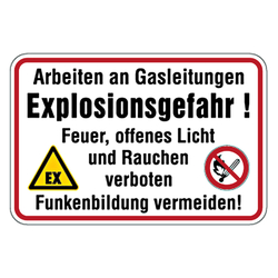 Verbotsschild Arbeiten an Gasleitungen Explosionsgefahr Aluminium geprägt 600 x 400 mm