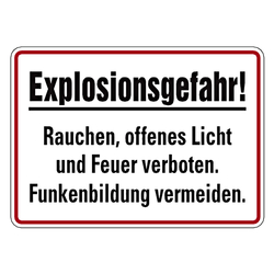 Verbotsschild Explosionsgefahr! Rauchen, offenes Licht und Feuer verboten! Funkenbildung vermeiden Aluminium geprägt 350 x 250 mm Einzelschild