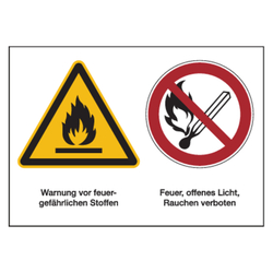 Hinweisschild "Warnung vor feuergefährlichen Stoffen / Feuer, offenes Licht, Rauchen verboten" nach DIN EN ISO 7010 Aufkleber Folie 210 x 148 mm