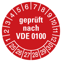 Prüfplaketten rot Ø 30 mm "geprüft nach VDE 0100" aus PVC-Folie 10 Stück/Bogen