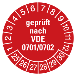 Prüfplaketten rot Ø 30 mm "geprüft nach VDE 0701/0702" aus PVC-Folie 10 Stück/Bogen