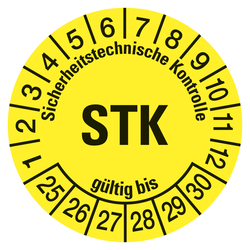 Prüfplaketten gelb Ø 30 mm "STK Sicherheitstechnische Kontrolle" aus PVC-Folie 10 Stück/Bogen