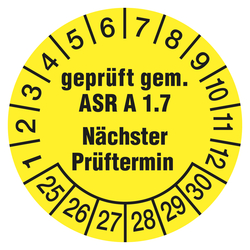 Prüfplaketten gelb Ø 30 mm "geprüft gem. ASR A 1.7 Nächster Prüftermin" aus PVC-Folie 10 Stück/Bogen
