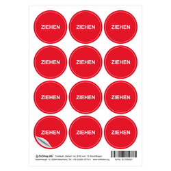 Türetikett / Aufkleber "Ziehen" rot Ø 40 mm 12 Stück/Bogen