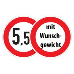 Verkehrsschild "Verbot für Fahrzeuge über angegebenes tatsächliches Gewicht" mit Wunschgewicht aus Alu refl. RA1 Ø 420 mm