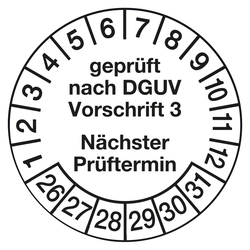 Pr&uuml;fplaketten wei&szlig; &Oslash; 30 mm "gepr&uuml;ft nach DGUV Vorschrift 3 N&auml;chster Pr&uuml;ftermin" 2026 aus PVC-Folie 10 St&uuml;ck/Bogen