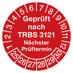 Prüfplaketten Ø 30 mm "Geprüft nach TRBS 3121 Nächster Prüftermin" aus PVC-Folie 10 Stück/Bogen