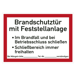 Hinweisschild Brandschutzschild "Brandschutztür mit Feststellanlage" Folie selbstklebend 297 x 210 mm