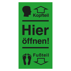 Paketaufkleber Kopfteil, Fußteil, Hier öffnen, Grün, Haftpapier, 105 x 210 mm, Einzeletikett