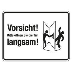 Türschild "Vorsicht! Bitte öffnen Sie die Tür langsam!" Tür nach rechts, weiß / schwarz