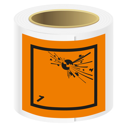 Gefahrzettel, Gefahrgutaufkleber Klasse 1 Explosive Stoffe, Folie, 50 x 50 mm, 100 Stück/Rolle