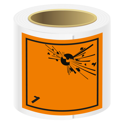 Gefahrzettel, Gefahrgutaufkleber Klasse 1 Explosive Stoffe, Folie, 100 x 100 mm, 100 Stück/Rolle