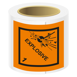 Gefahrzettel, Gefahrgutaufkleber Klasse 1 Explosive Stoffe mit Zusatztext EXPLOSIVE, Folie, 50 x 50 mm, 100 St&uuml;ck/Rolle
