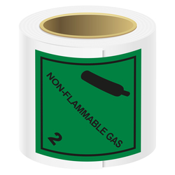 Gefahrzettel, Gefahrgutaufkleber Klasse 2.2 Nicht entzündbare, nicht giftige Gase mit Zusatztext NON-FLAMMABLE GAS, Gasflasche Schwarz, Folie, 100 x 100 mm, 100 Stück/Rolle
