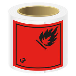 Gefahrzettel, Gefahrgutaufkleber Klasse 3 Entzündbare, flüssige Stoffe, Flamme Schwarz, Folie, 100 x 100 mm, 100 Stück/Rolle