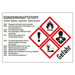 GHS-Kraftstoffetikett Sonderkraftstoff 105 x 74 mm für Zapfsäulen, Kanister und Fässer
