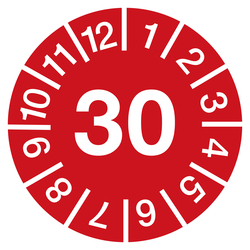 Jahresprüfplaketten rot Ø 10 mm Jahr 2030 aus Dokumentenfolie 10 Stück/Bogen