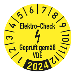 Jahresprüfplaketten gelb Ø 30 mm "Elektro-Check Geprüft gemäß VDE" Jahr 2024 aus PVC-Folie 10 Stück/Bogen