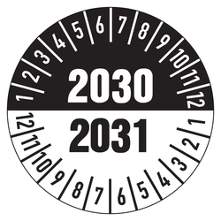 Prüfplaketten weiß/schwarz Ø 30 mm für die Jahre 2030/2031 aus PVC-Folie 10 Stück/Bogen